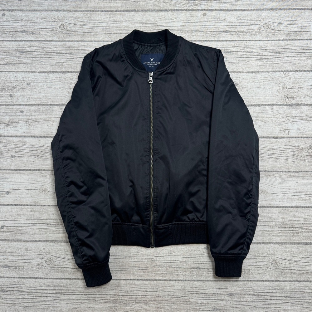 American Eagle Bomber Jacket Men's Medium Black Quilted Lined Varsity Athleisure